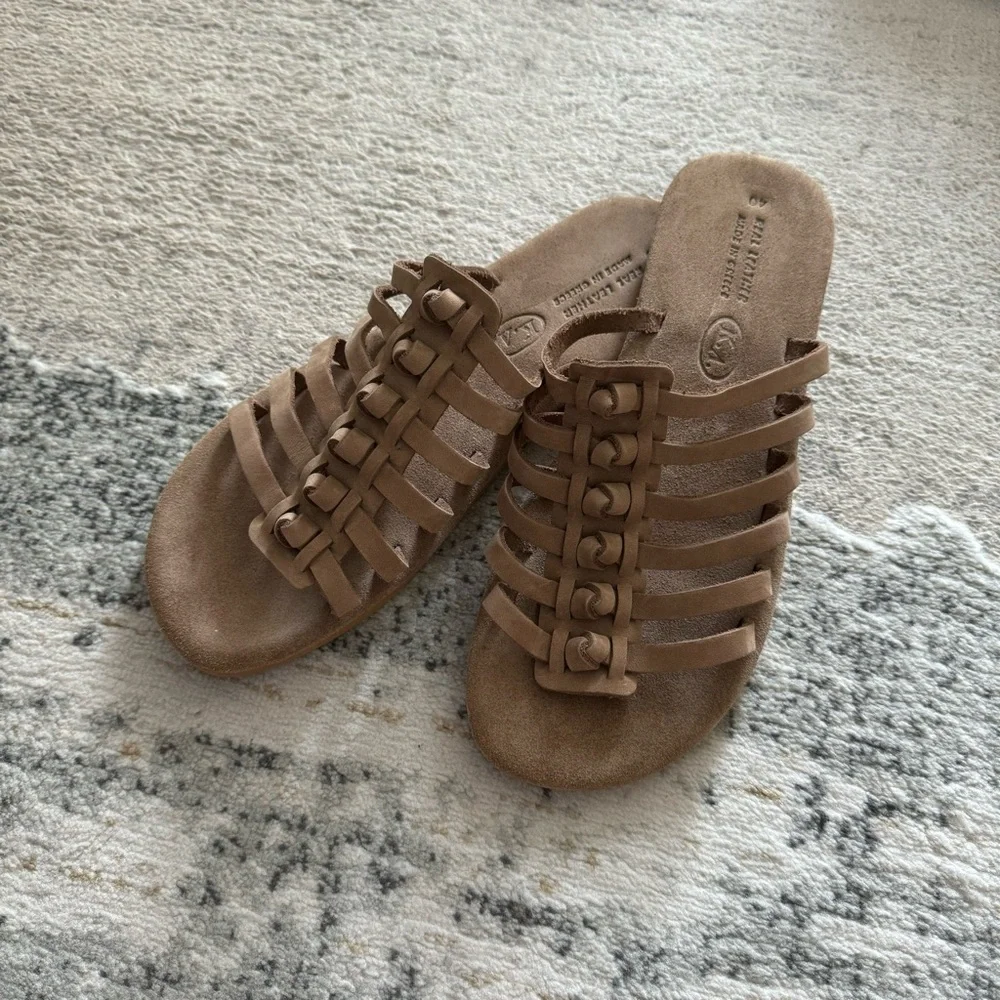 🆕 Greek taupe suede knot detail strappy flat sandals